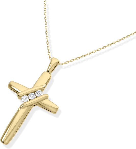 10k Diamond Three-Stone Cross Pendant Necklace Religious Jewelry