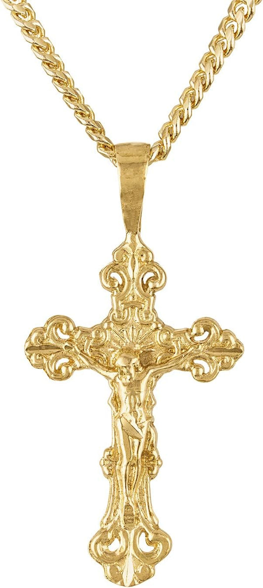 14K Gold Style Curb Chain Cross Pendant Necklace 5MM Cross Necklace